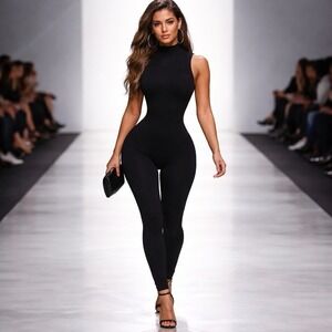 Skims Sz XL Catsuit Jumpsuit One-Piece Black  Mock Neck Sleeveless Stretch Oynx